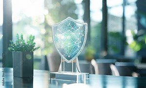 Video of a Translucent 3D icon of a shield, digital networks and cybersecurity, protection and technology, secure data systems