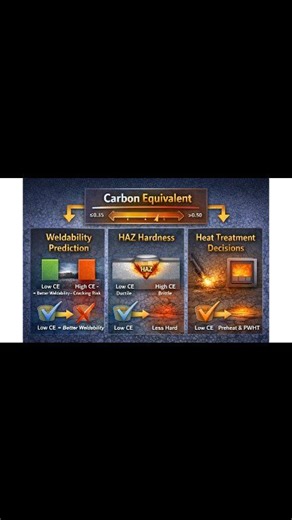 Carbon Equivalent (CE) is a key factor that decides how easily steel can be welded. In this short video, you’ll understand what CE means, how it is calculated, and why higher CE increases cracking risk. Learn how alloying elements like carbon, manganese, chromium, nickel, and molybdenum affect weldability. We also explain CE ranges, when preheating is required, and how proper cooling control improves weld quality. This knowledge helps welders, inspectors, and engineers avoid weld defects and mak