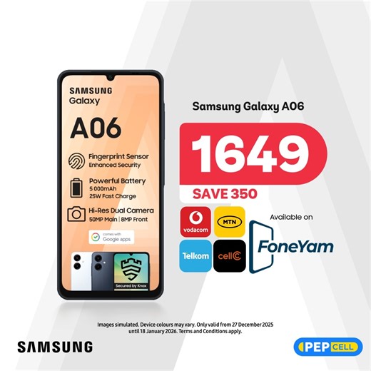 Get the Samsung Galaxy A06 at PEP for only 1649! Smooth performance, a crisp display, and a battery that keeps up with your day. Why wait? Step up your smartphone game without breaking the bank. Available at PEP stores nationwide. Also on FoneYam! Shop now: https://bit.ly/3Y3yQfa #SamsungGalaxyA06 #SamsungAtPEP #DealsYouLove #PEPCELL | PEP Cell