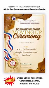 Get our Moving Up Ceremony Program/Souvenir Templae for FREE when you avail our All-in-One Commencement Exercises Bundle! Available in mocha, black, green and pearl! 🩷 FREEBIES ALL-IN-ONE Graduation/Commencement Exercises Programme and Invitation Bundle! 6 premium designs editable in PPT and/or Canva Pro FREE:✅Emcee Script✅Recognition Certificates✅Ribbons & Banners✅Exclusive access to our private FB groupAND MORE!Message us “interested” for more details! ✨ DISCLAIMER: I hereby declare that I do