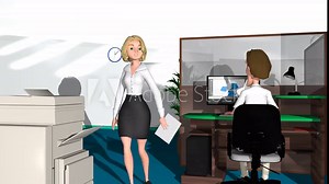 3d animation, two cartoons characters on office. one cartoon characters typing on his computer and the other copie of her page.
