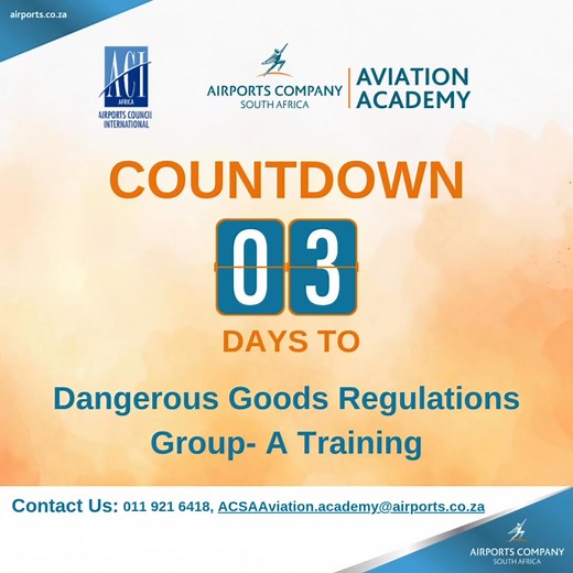 🗓️ 3-DAYS TO GO! Join us for the Dangerous Goods Regulations Group-A Training taking place from 17 to 21 November 2025, 08h30 to 16h30 at the ACSA Aviation Academy, Johannesburg. This is more than a training, it’s a transformative collaboration designed to: ✈️ Unlock Africa’s aviation potential 🌍 Elevate safety and operational standards 🤝 Strengthen professional networks 🛫 Champion the safe and efficient transport of Dangerous Goods by Air #ACSA #AviationAcademy #DangerousGoods #AviationTrai