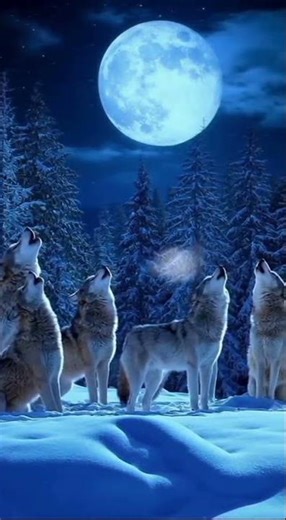 A pack of wolves howling at the full moon in a snowy forest