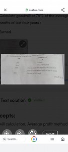 Calculate goodwill at 70% of the average profits of last four y... | Filo