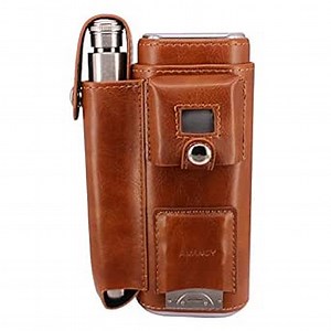 AMANCY Luxury 2 Holder Brown Leather Portable Cigar Case Gift Set, Leather-Wrapped Cigar Travel Humidor Contained 2 Oz Stainless Steel Flask with Lighter and Cutter