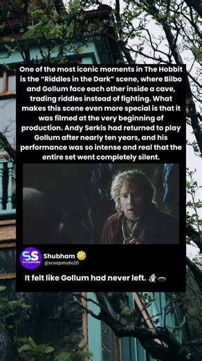 Scoop Studio | Viral Movie Reels on Instagram: "One of the most iconic moments in The Hobbit is the “Riddles in the Dark” scene, where Bilbo and Gollum face each other inside a cave, trading riddles instead of fighting. What makes this scene even more special is that it was filmed at the very beginning of production. Andy Serkis had returned to play Gollum after nearly ten years, and his performance was so intense and real that the entire set went completely silent."