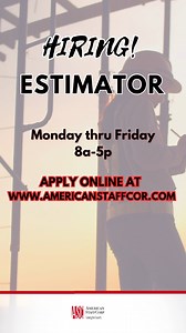 HIRING ESTIMATOR! Experience in construction industry a plus! Familiarity with reading floor plans, reviewing project requirements, generating quotes using their software program. Must be detail oriented and able to meet deadlines. Strong excel knowledge required. Monday thru Friday, 8a-5p schedule. $15/hr DOE APPLY AT AMERICANSTAFFCORP.COM #estimator #quotes #floorplans #projects #excel #TulsaJobs #jobopp #jobopening #pryorjobs #JobSeekers #tulsaoklahoma #jobopportunity #jobopportunities #jobse