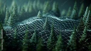 Tracking trees growing from a 3D topographical grid. Background for drone or LIDAR company.