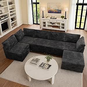 Oversized Modular Sectional Couch, Cloud Couches for Living Room,Deep Seat Upholstered Convertible Sleeper Sofa, L Shaped Couch with Reversible Chaise,Plush Corduroy, Black