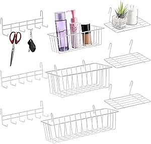 Fumete 9 Pcs Wall Grid Hanging Basket Shelf Hooks Set Includes Basket Wire Straight Shelf and Hooks for Storage Display Organizer Grid Wall Accessories(White)