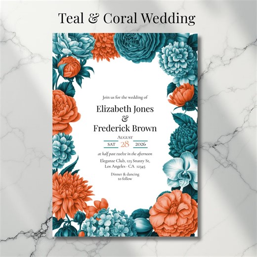 Teal & Coral Wedding DIY Canva Editable Invitation - Etsy