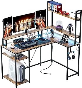 WASAGUN L Shaped Desk with Monitor Stand & Hutch, Computer Gaming Desk with LED Lights & Power Outlets, Home Office Coner Desk with Adjustable Storage Shelves