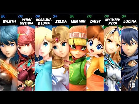 Byleth and Pyra Mythra and Rosalina Luma and Zelda VS Min Min and Daisy and Mythra Pyra and Lucina