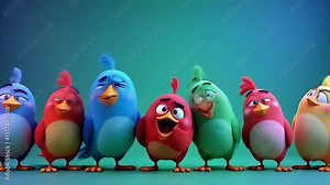 Row of cartoon birds in a variety of bright colors stand against a blue background