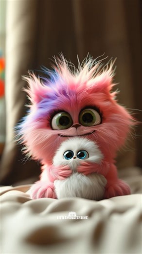 Meet Fuzzle and Nibbin — the cuddliest cuddlebugs in the fluffiverse! 💗🍼 Fuzzle (the big rainbow puff) is a professional snuggler, cheerleader, and bedtime storyteller all rolled into one. Nibbin (the tiny snowball with the galaxy eyes) is her constant sidekick, security fluff, and master of the surprised blink. They don’t do much in a day… just *everything that matters.* Hugs? A hundred. Naps? Coordinated. Snacks? Always shared. Fuzzle never lets go too fast, and Nibbin never stops holding on