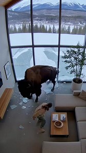 Aspen, Colorado – February 08, 2026. A luxury mountain chalet became the scene of unbelievable destruction when a massive American bison charged directly through a floor-to-ceiling glass wall. Security footage inside the modern living room shows the animal crashing into the house, shattering the tempered glass and scrambling for footing on the polished concrete floors. In its frantic panic, the bison knocked a television off the wall and overturned several pieces of furniture before the stunned 