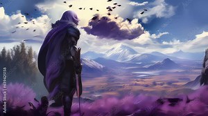 The knight errant gazes into the horizon his steel plate armor gleaming in the sunlight. His mantle of purple flows with the wind and a staff of polished wood is secured