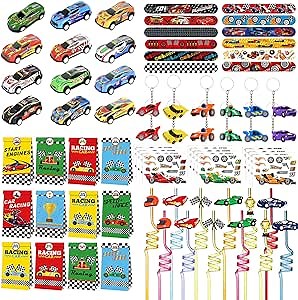 XIPEGPA Race Car Party Favors Set Race Cars Keychains Slap Bracelet DIY Stickers Straws Car Bags for Kids Race Car Themed Birthday Party Supplies Goodie Bag Fillers (Race Car)
