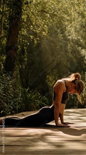 Woman performs cobra pose yoga outdoors healthy lifestyle