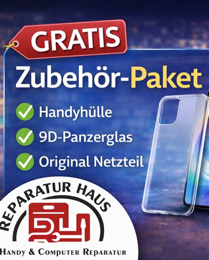 🎁 Kostenloses Zubehör-Paket beim Gerätekauf im Reparatur Haus Ein Smartphone kaufen – und danach noch Zubehör für 50–60 € extra? Nicht bei uns! Wenn du im Reparatur Haus Augsburg ein neues oder geprüftes gebrauchtes Gerät kaufst, bekommst du ein kostenloses Zubehör-Paket dazu: ✅ Hochwertige Handyhülle ✅ 9D-Panzerglas (Standard oder Privacy) ✅ Original Netzteil / Ladeadapter Viele Hersteller liefern heute kein Netzteil mehr mit, wodurch Kunden später zusätzlich Zubehör kaufen müssen. Bei uns bek