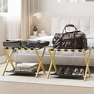 Smart FENDEE 2 Pack Luggage Rack, Folding Luggage Rack for Guest Room, Bamboo Suitcase Stand Holds up to 131 lb, Luggage Stand with Storage Shelf for Hotel, Bedroom