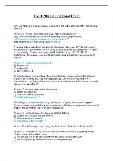 ACTUAL EXAM TNCC 9TH EDITION FINAL EXAM QUESTION & VERIFIED ANSWER