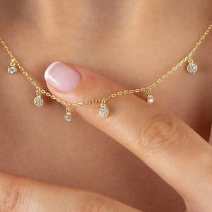Silver Dangling CZ Diamonds Necklace in 18K Gold, Minimalist Diamond Drop Station Necklace, Layering Diamonds Necklace, Jewelry for Women - Etsy