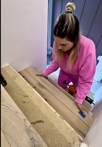 This is how I made my stair treads ⬇️ I cut a strip of flooring 1 & 5/8” wide with 2 edges beveled at 45 degrees. This is the front of the nosing. Then I cut a strip 1 & 1/4” wide with 1 beveled edge and one straight cut edge. This is the underside of the nosing (and how much it will overhang). The top of the nosing is 4” wide with 1 beveled edge and I kept the tongue on the other edge of the floor board. I taped the beveled edges together, added glue and a strip of 1/2” flooring so the nosing w