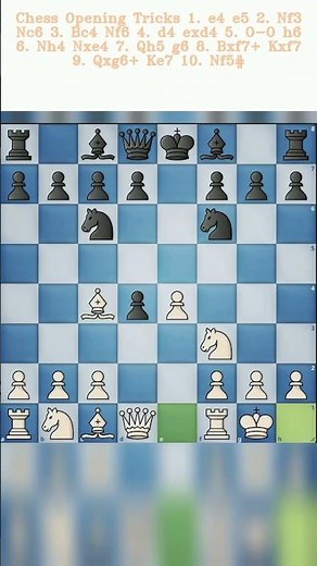 Chess Opening Tricks 1 e4 e5 2 Nf3 Nc6 3 Bc4 Nf6 4 d4 exd4 5 O O h6 6 Nh4 Nxe4 7 Qh5 g6 8 Bx