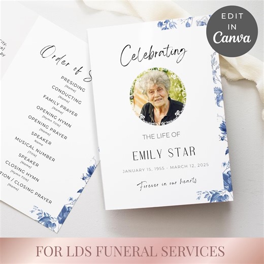 LDS Light Blue Floral Funeral Template, Editable Program, Celebration of Life, Printable Bi-fold Memorial Booklet, One Page Obituary, VM003 - Etsy
