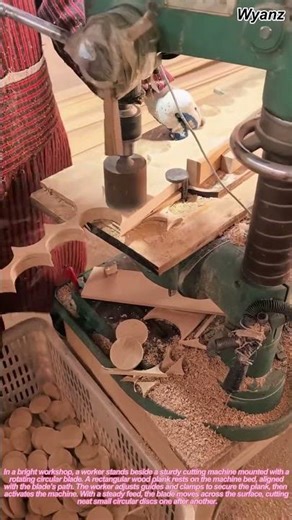 worker cutting small circular blocks from wood with machine | daily factory routine