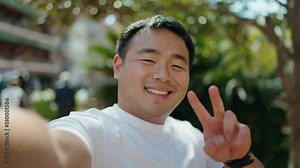 Young chinese man smiling confident making selfie by the camera at park