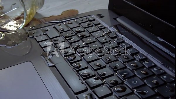 Coffee being spilled over laptop by accident. Keyboard is full of liquid and the computer is ruined. Slow motion shot.