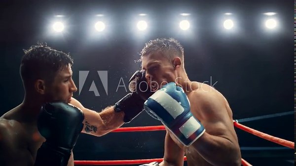 Professional Boxing Match in Super Slow Motion. Boxer Defending From a Punch and Countering with a Hook to the Jaw, Knocking Out the Opponent. Cinematic Footage with a Speed Ramp Action Effect