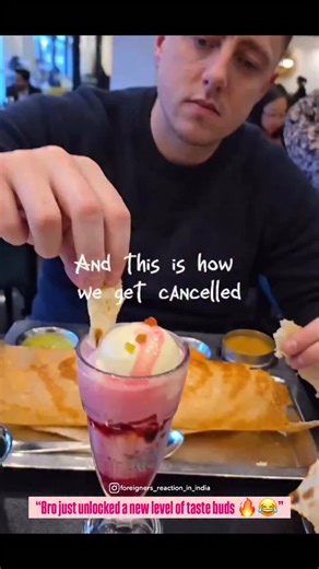 4.6K views · 356 reactions | “Bro just unlocked a new level of taste buds ”  Why does he try these weird, unacceptable combinations? Follow @foreigners_reaction_in_india for more #foreigners_reaction_in_india #india #BritishInIndia #ForeignersInIndia #DosaLove #FaloodaFail #IndianFoodChallenge #BritishReaction #FoodExperiment #DesiVibes #IndiaVibes | Foreigners explore | Facebook