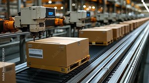Robotic machinery sorts and moves cardboard boxes along a conveyor belt in a busy warehouse setting.
