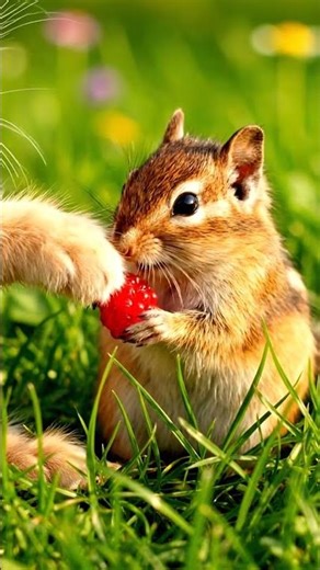 Kitten and Chipmunk Share a Berry Snack
