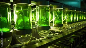 Detailed image of a continuousflow photobioreactor used for algae cultivation. Transparent tubes carry the algal culture, while optimized lighting ensures optimal growth by simulating sunlight.