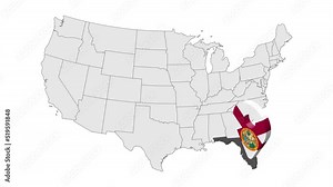 Location State of Florida on map USA. 3d State Florida flag map marker location pin. Map of United States of America showing different states. Animated map States of USA. 4K. Video