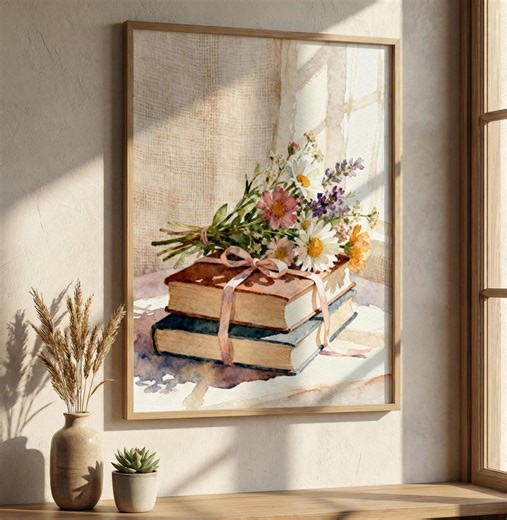 Book Stack With Wildflowers Wall Art | Cottagecore Reading Nook Print | Floral Library Decor | Booktok Aesthetic | Book Lover Gift - Etsy