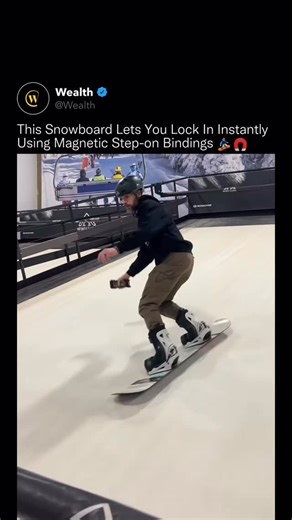 Wealth on Instagram: "No straps. No sitting down. No wasted seconds at the top of the run. ❄️ 🏂 Instead of traditional ratchets, this setup uses precision-aligned magnets to guide your boot perfectly into place, then mechanically locks it the moment you step down. The magnets do not hold you in, they self-align the binding, making entry fast, consistent, and effortless, even on cold days or uneven terrain. The result is a system that cuts setup time to seconds while maintaining the stiffness, c