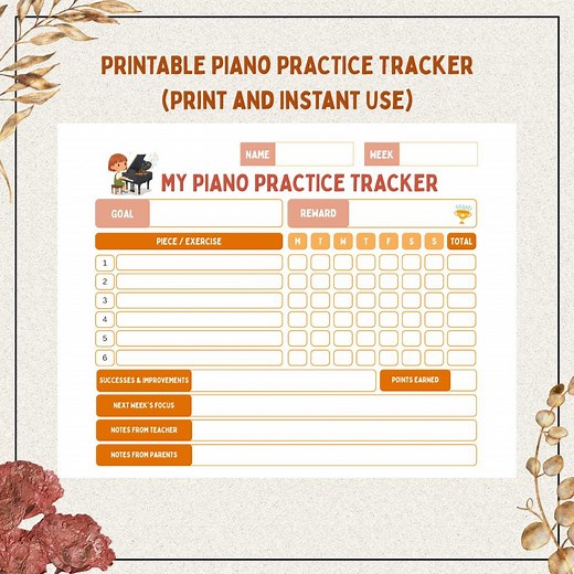 Printable Piano Practice Tracker, Music Practice Log, Student Reward Chart, Teacher Resources, Instant Use - Etsy