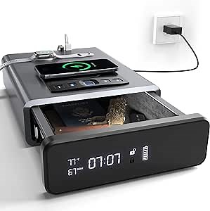 Vaultlux Biometric Gun Safe, Clock Smart Station and 2-in-1 Wireless Charging Gun Safe Cabinets - Nightstand Handgun Safe Pistol Safe with Quick Access and Auto Open, Matte Gray (VT01)