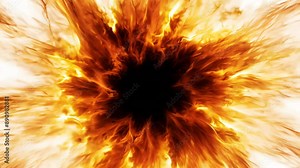 Extreme close-up: Fiery explosion radiates from black center. Zooms out rapidly, revealing orange and yellow tendrils against white backdrop. High-contrast palette conveys sudden, dynamic energy.