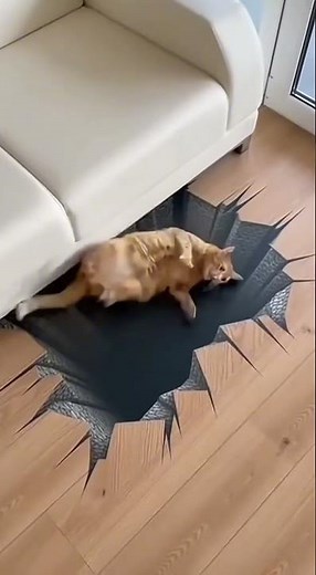 Cat Panics Falling Into 3D Illusion Hole