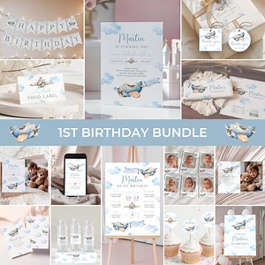 Airplane 1st Birthday Invitation Bundle | Time Flies Birthday Invite Package | Boy First Flight Birthday Set | Plane Party Decor Kit | BD4 - Etsy