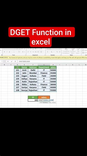 DGET function in excel#excel tricks#excel formula