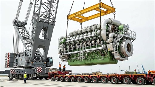 colossal heavy-duty crane lifting a monster-sized industrial diesel engine from a long multi-axle transport trailer | Under Review