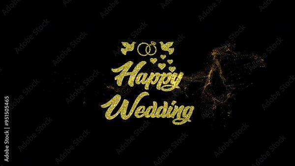 Happy wedding text invitation card template animated on transparent background. gold text animation