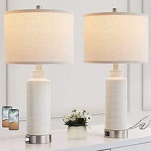 AIEAMPDO Set of 2 Modern Touch Table Lamps for Living Room Bedroom, 3-Way Dimmable Nightstand Lamp with 2 USB Port, White Ceramic Lamp for End Table Bedside,LED Bulbs Included